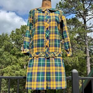 Vintage 60s Yellow Plaid Mod Drop Waist Schoolgirl Scooter Mini Dress + Belt S